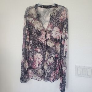 Floral Sheer Blouse‎ Long Sleeve- Pink and Gray For Woman Size 1xl